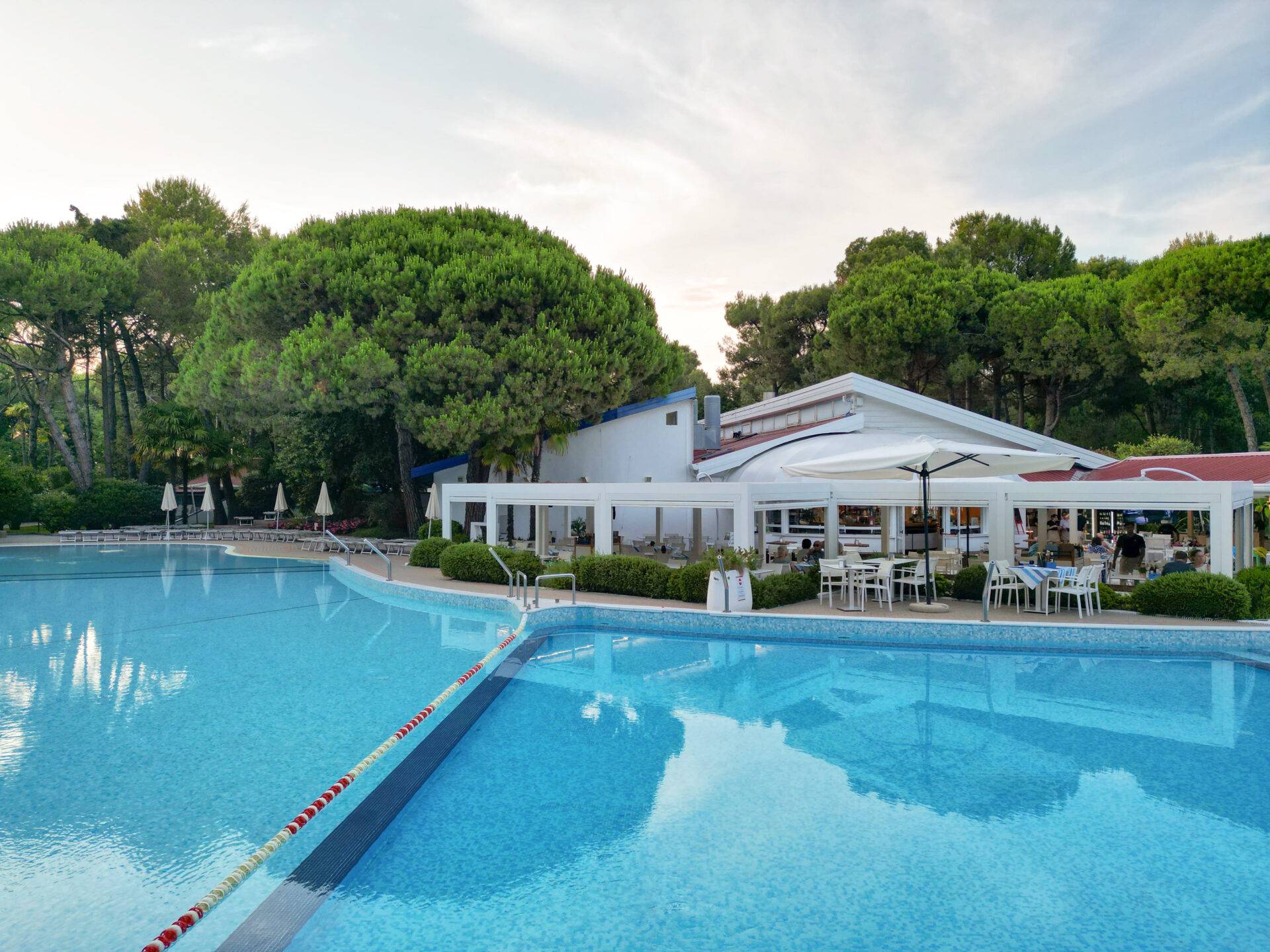 Piscine del Camping Village Dei Fiori con acqua azzurra, terrazza del ristorante e pini sullo sfondo.
