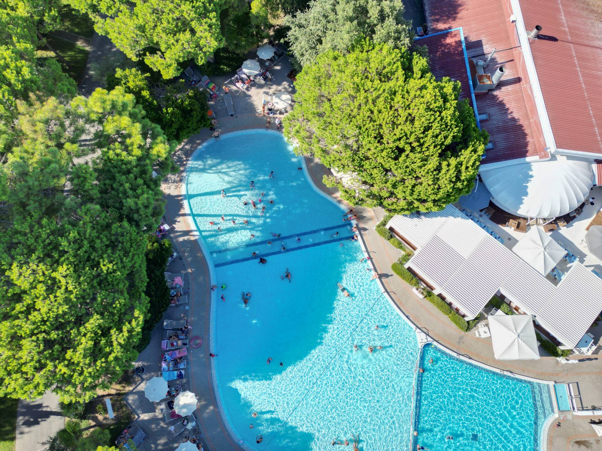 Vista dall'alto della piscina per bambini del Camping Dei Fiori, con ospiti in acqua e lettini tra gli alberi.