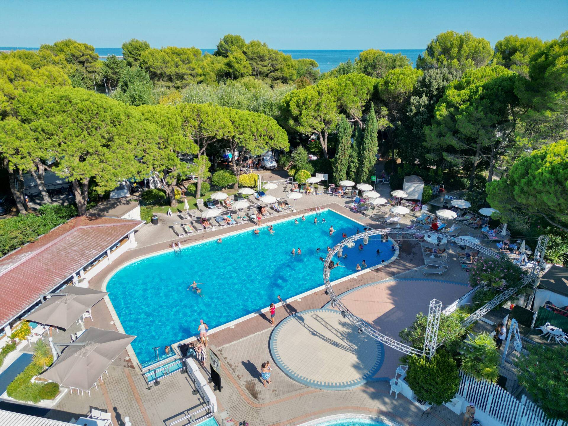 Vista panoramica della piscina per adulti del Camping Dei Fiori, con ospiti in acqua, lettini e pini sullo sfondo.